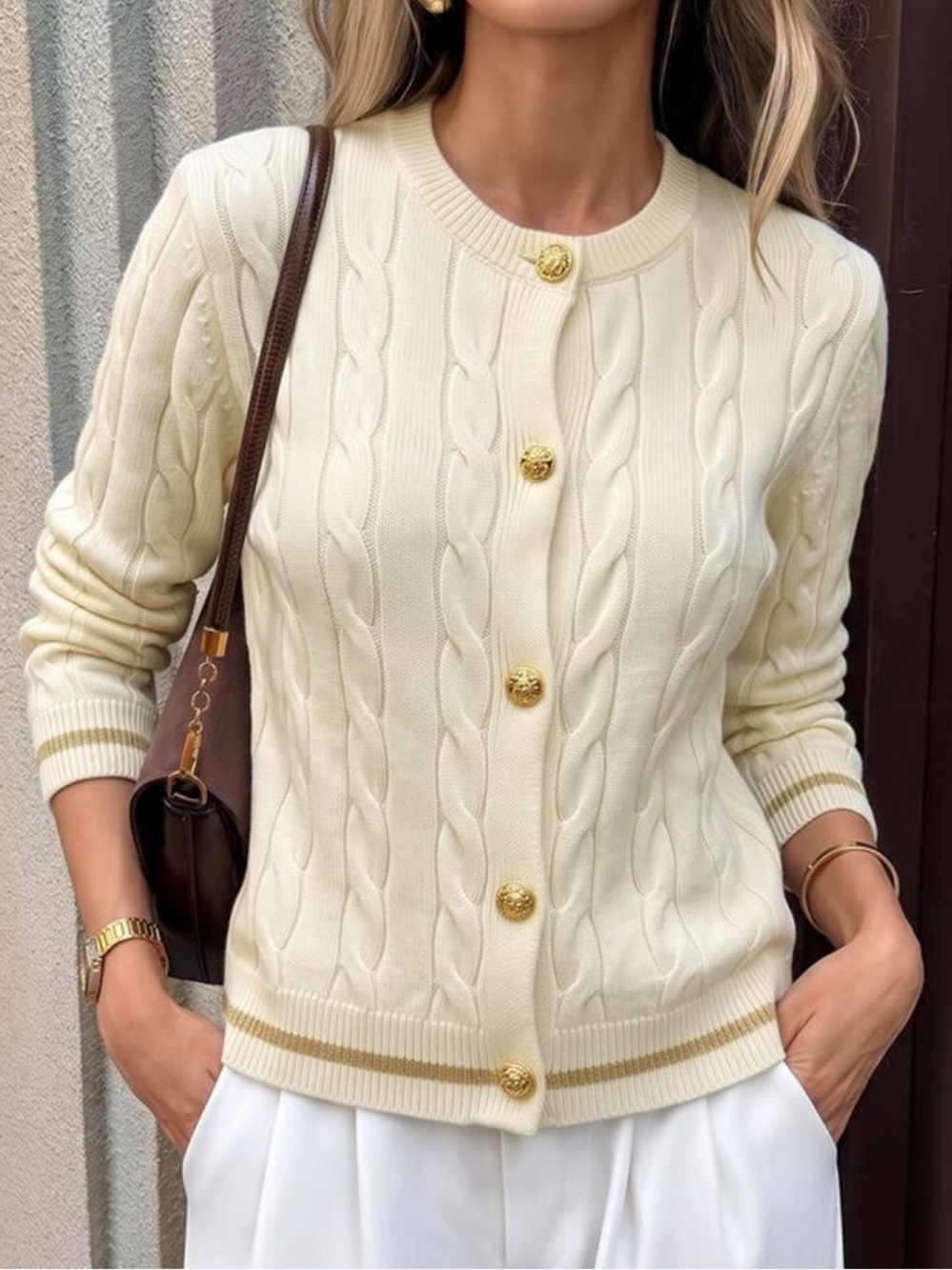 Cream Cable-Knit Button Cardigan Sweater